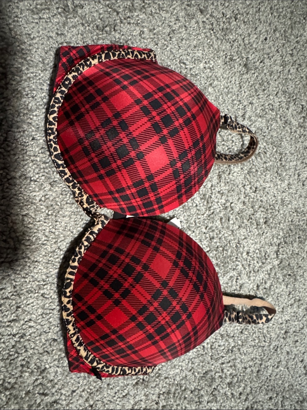 Victoria's Secret Red and Black Plaid Bra with Leopard Trim
